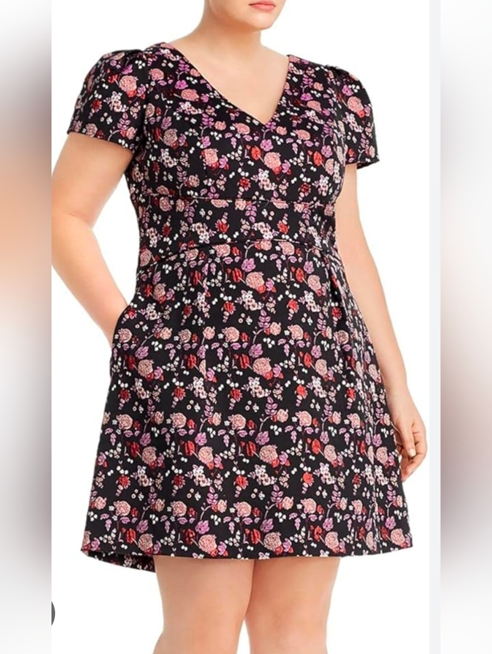 Adrianna Papell Black Floral V-Neck Jacquard Mini Dress